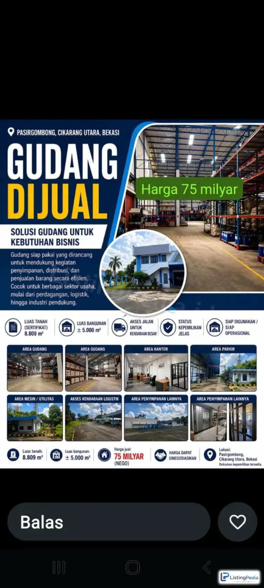 Dijual atau D Sewakan Gudang di Bekasi Jawa Barat — foto 1