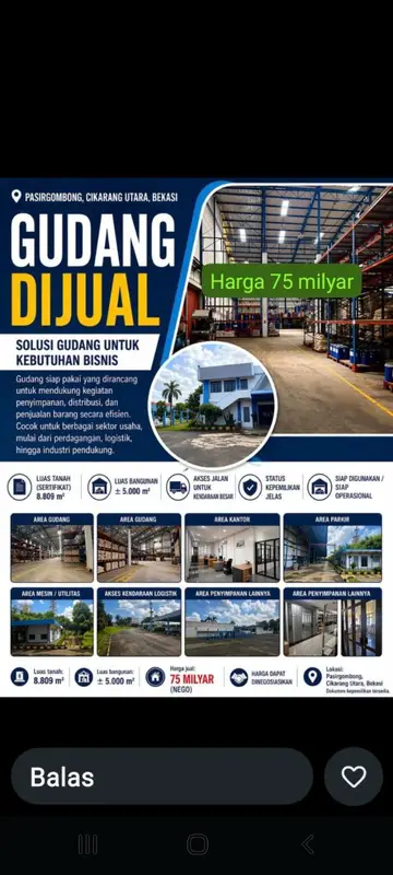 Dijual atau D Sewakan Gudang di Bekasi Jawa Barat