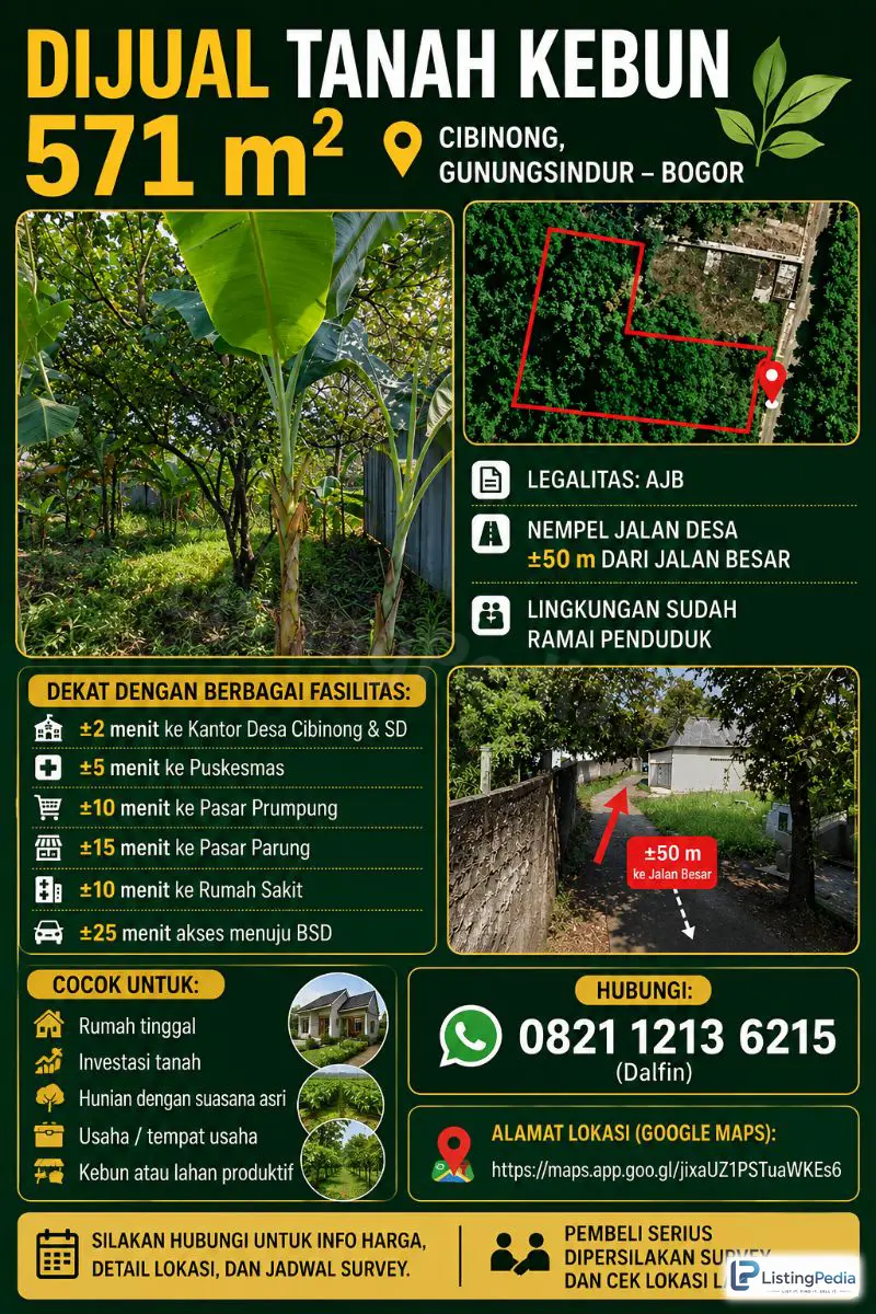 Tanah Kebun 571 M² Dijual di Cibinong Gunungsindur Bogor Dekat Jalan Besar — foto 1