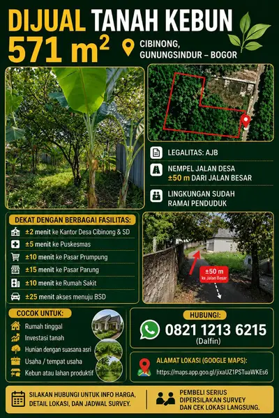 Tanah Kebun 571 M² Dijual di Cibinong Gunungsindur Bogor Dekat Jalan Besar